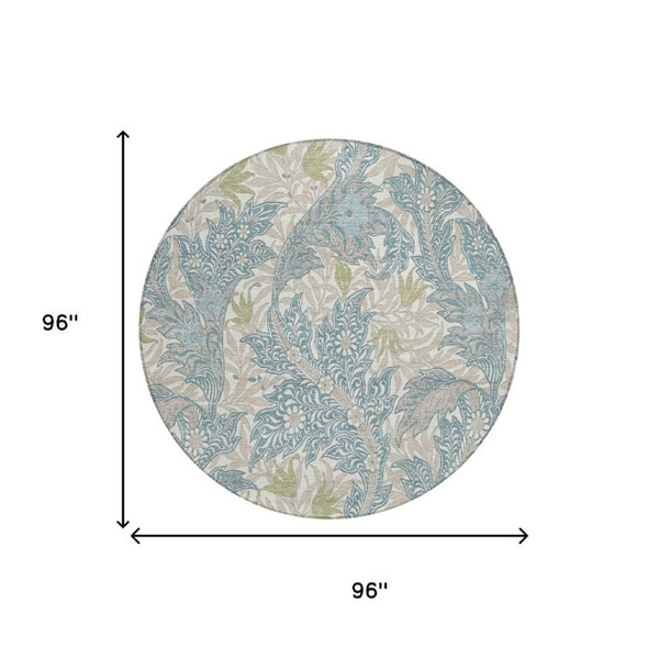 8 Ft Round Botanical Leaf Polyester Area Rug for Patio and High Traffic Spaces