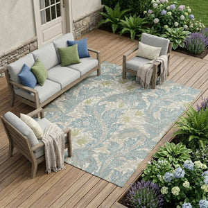8x10 Teal Pewter Botanical Leaf Polyester Washable Rug for Patio or Living Room