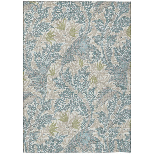 HomeRoots 8x10 Teal Pewter Botanical Leaf Polyester Washable Rug for Patio or Living Room 740272