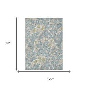 8x10 Teal Pewter Botanical Leaf Polyester Washable Rug for Patio or Living Room