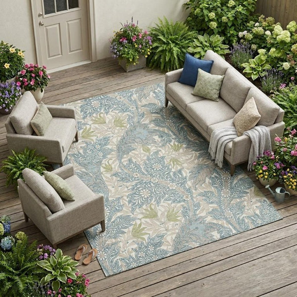 9x12 Teal Pewter Botanical Leaf Polyester Washable Area Rug for Patio or Living Room
