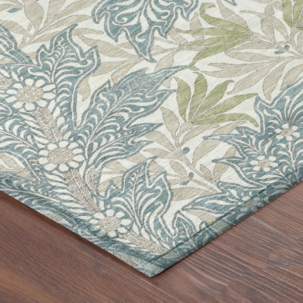 9x12 Teal Pewter Botanical Leaf Polyester Washable Area Rug for Patio or Living Room