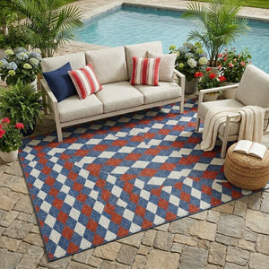 5 X 8 Geometric Polyester Area Rug Washable Indoor Outdoor Blue Ivory Stain Resistant