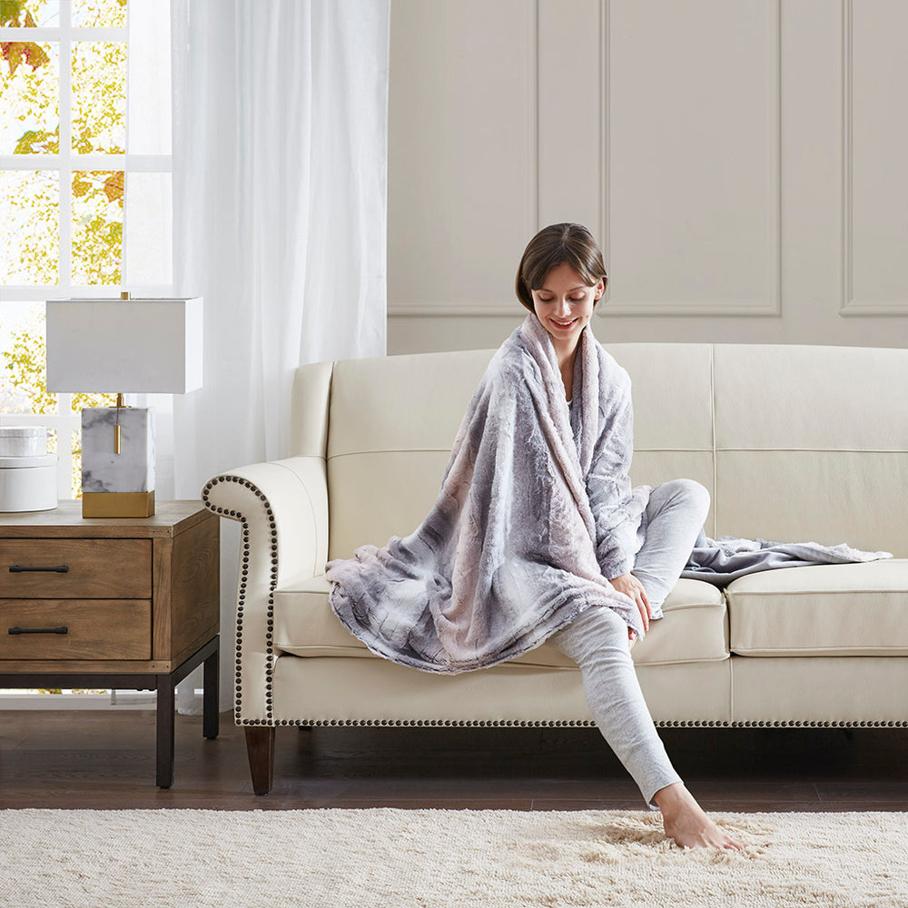 JLA Home Madison Park - Oversized Faux Fur Throw Blanket with Reversible Faux Mink, OEKO-TEX Soft Luxury for Sofa & Bed Blush/Grey MP50-6235