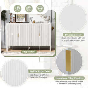 English Elm U_style Striped Four Door Sideboard Mdf Buffet Cabinet with Adjustable Shelves for Dining White N711P345170K