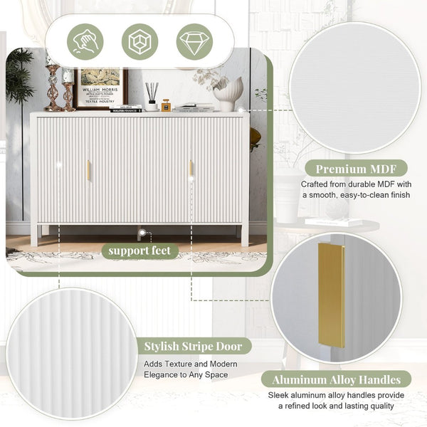 English Elm U_style Striped Four Door Sideboard Mdf Buffet Cabinet with Adjustable Shelves for Dining White N711P345170K