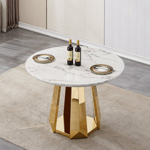 English Elm 47" Round Marble Dining Table - Modern High Gloss Faux Marble Top & Stainless Steel Base For Stylish Spaces W3456S00010