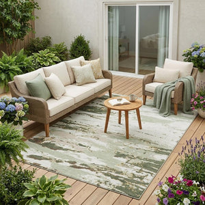 5x8 Abstract Green Ivory Polyester Area Rug Washable Stain Resistant Indoor Outdoor