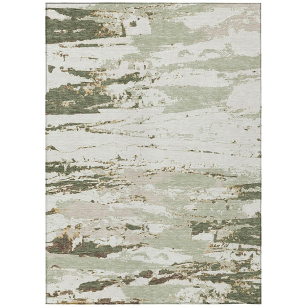 HomeRoots 5x8 Abstract Green Ivory Polyester Area Rug Washable Stain Resistant Indoor Outdoor 740312