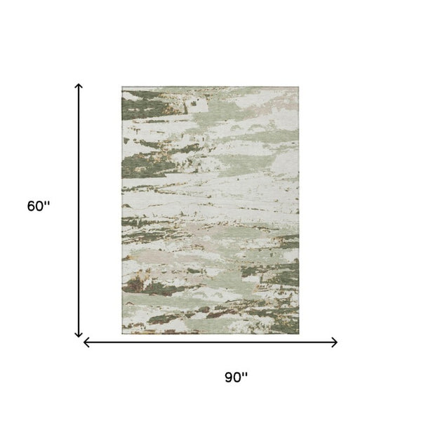 5x8 Abstract Green Ivory Polyester Area Rug Washable Stain Resistant Indoor Outdoor