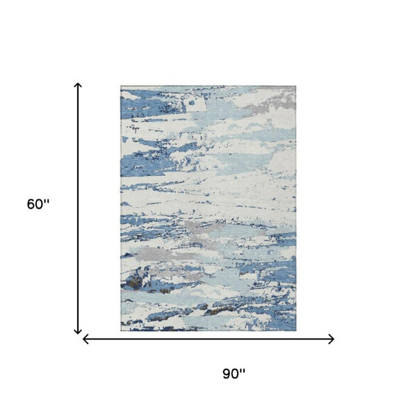5 X 8 Abstract Sky Blue Washable Polyester Rug for Indoor Outdoor Living Spaces