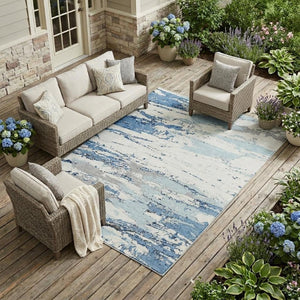 9 X 12 Abstract Blue Washable Polyester Area Rug for Indoor Outdoor Living Spaces