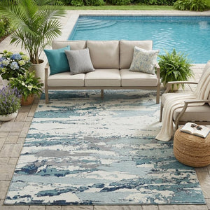 5x8 Teal Ivory Abstract Polyester Area Rug Washable Stain Resistant Indoor Outdoor