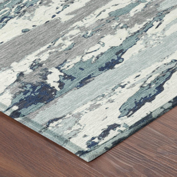 5x8 Teal Ivory Abstract Polyester Area Rug Washable Stain Resistant Indoor Outdoor