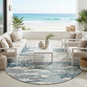 8 Ft Round Abstract Polyester Area Rug Teal Ivory Washable Indoor Outdoor