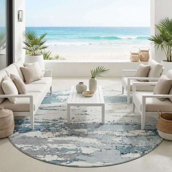 8 Ft Round Abstract Polyester Area Rug Teal Ivory Washable Indoor Outdoor