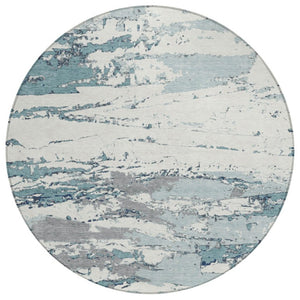 HomeRoots 8 Ft Round Abstract Polyester Area Rug Teal Ivory Washable Indoor Outdoor 740325