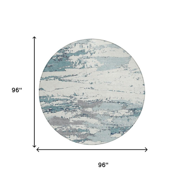 8 Ft Round Abstract Polyester Area Rug Teal Ivory Washable Indoor Outdoor