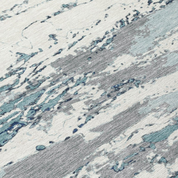 8 Ft X 10 Ft Teal Ivory Abstract Polyester Indoor Outdoor Washable Area Rug