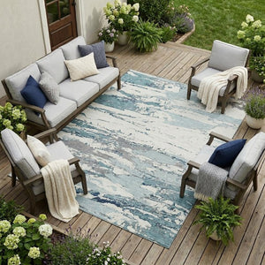 9 X 12 Teal Ivory Abstract Polyester Rug Stain Resistant Indoor Outdoor Use
