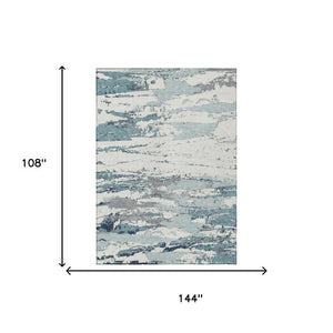 9 X 12 Teal Ivory Abstract Polyester Rug Stain Resistant Indoor Outdoor Use