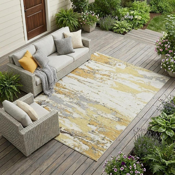 8 X 10 Wheat Gold Abstract Polyester Area Rug Washable Stain Resistant Patio