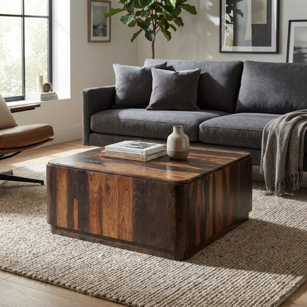 HomeRoots 39 Inch Square Solid Wood Coffee Table in Dark Brown for Living Room Decor 740337