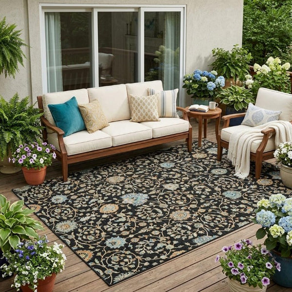 5 X 8 Floral Polyester Indoor Outdoor Rug Stain Resistant for Patio or Living Room