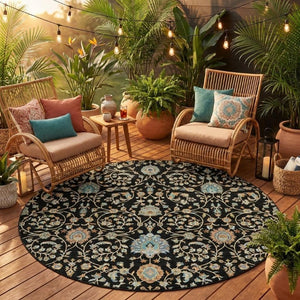 8 Foot Round Floral Polyester Area Rug Washable Indoor Outdoor Pet Friendly