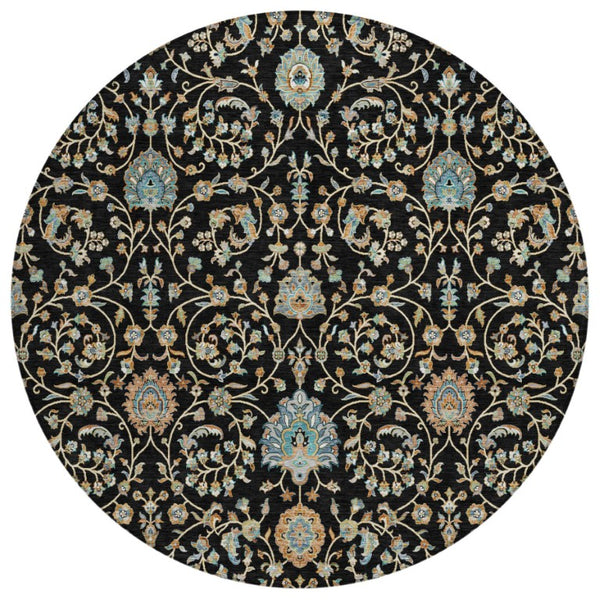 HomeRoots 8 Foot Round Floral Polyester Area Rug Washable Indoor Outdoor Pet Friendly 740346
