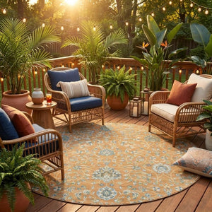 8 Ft Round Floral Polyester Area Rug Stain Resistant Washable Indoor Outdoor Use