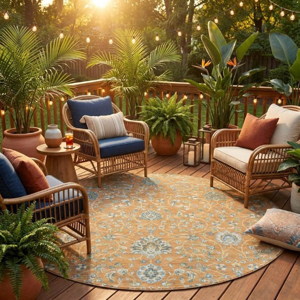 8 Ft Round Floral Polyester Area Rug Stain Resistant Washable Indoor Outdoor Use