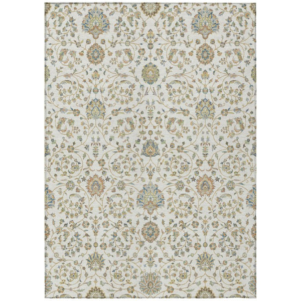 HomeRoots 5x8 Ivory Khaki Floral Polyester Area Rug Washable Stain Resistant Indoor Outdoor Patio 740363
