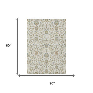 5x8 Ivory Khaki Floral Polyester Area Rug Washable Stain Resistant Indoor Outdoor Patio