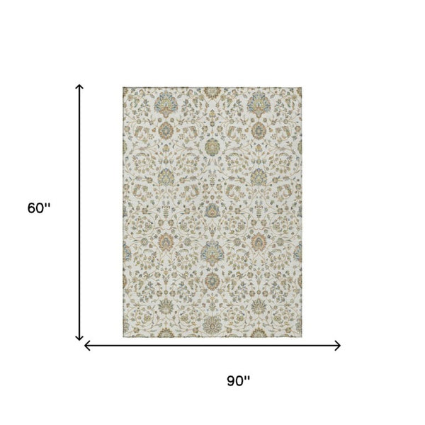 5x8 Ivory Khaki Floral Polyester Area Rug Washable Stain Resistant Indoor Outdoor Patio