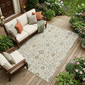 8x10 Ivory Khaki Floral Polyester Area Rug Stain Resistant for Patio and Living Room