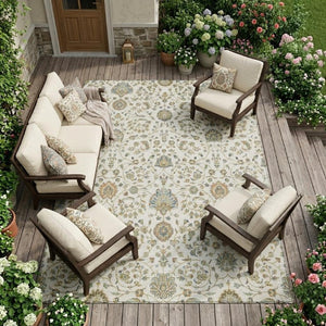9 X 12 Ivory Khaki Floral Polyester Area Rug Washable for Patio Porch or Living Room