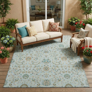 5x8 Sky Blue Floral Polyester Area Rug Washable Stain Resistant Indoor Outdoor Patio