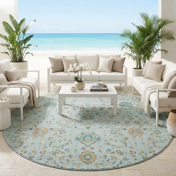 8 Ft Round Floral Polyester Area Rug Sky Blue Washable for Patio or Family Room