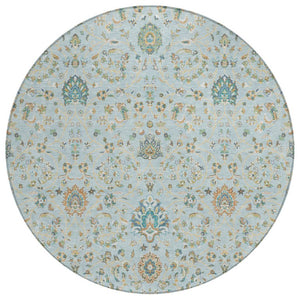 HomeRoots 8 Ft Round Floral Polyester Area Rug Sky Blue Washable for Patio or Family Room 740370