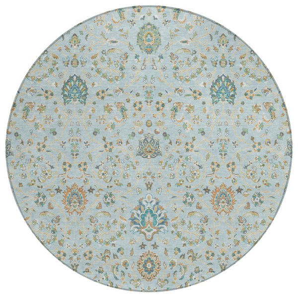 HomeRoots 8 Ft Round Floral Polyester Area Rug Sky Blue Washable for Patio or Family Room 740370