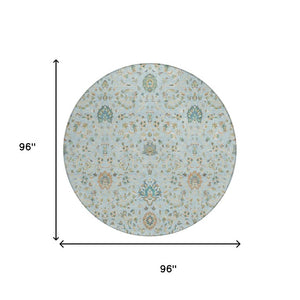 8 Ft Round Floral Polyester Area Rug Sky Blue Washable for Patio or Family Room