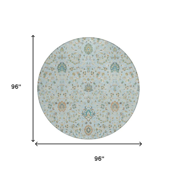 8 Ft Round Floral Polyester Area Rug Sky Blue Washable for Patio or Family Room