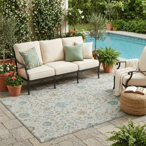 5x8 Floral Polyester Area Rug Indoor Outdoor Washable Stain Resistant Patio Decor