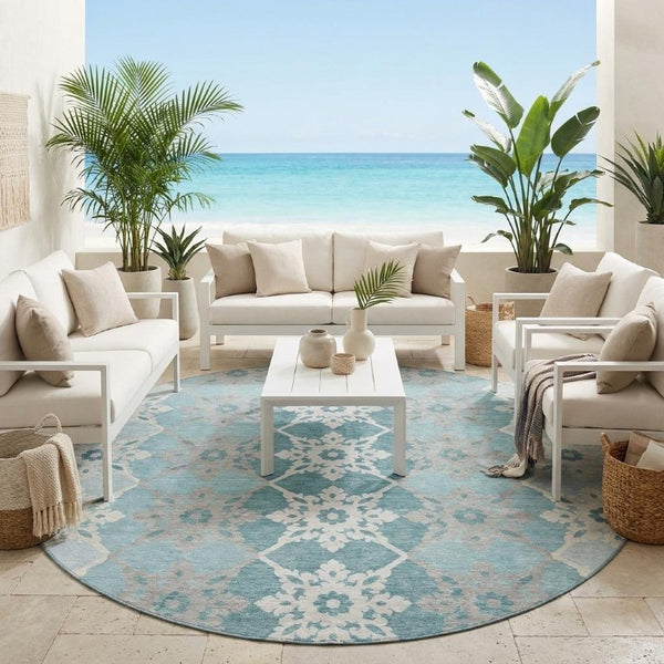 8 Foot Round Aqua Teal Medallion Polyester Rug Washable for Indoor Outdoor Use
