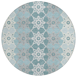HomeRoots 8 Foot Round Aqua Teal Medallion Polyester Rug Washable for Indoor Outdoor Use 740382