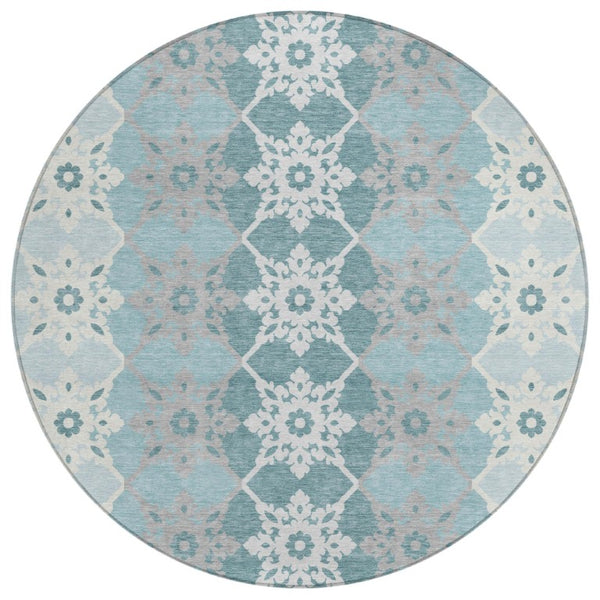 HomeRoots 8 Foot Round Aqua Teal Medallion Polyester Rug Washable for Indoor Outdoor Use 740382