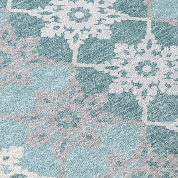 8 Foot Round Aqua Teal Medallion Polyester Rug Washable for Indoor Outdoor Use