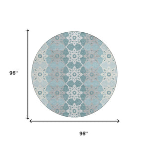 8 Foot Round Aqua Teal Medallion Polyester Rug Washable for Indoor Outdoor Use