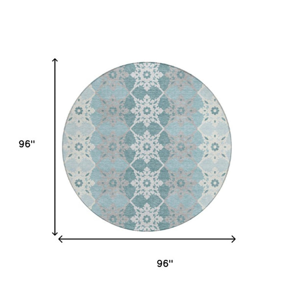 8 Foot Round Aqua Teal Medallion Polyester Rug Washable for Indoor Outdoor Use